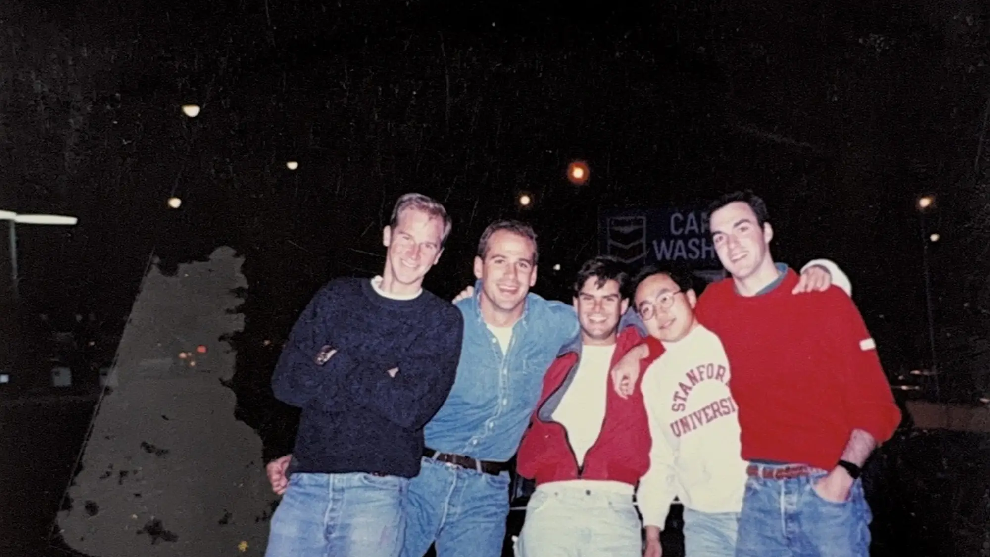 A night out during undergraduate years at Stanford. Rob Hull, Greenman, Matt Tingler, Fred Wang, and Fiorentino.