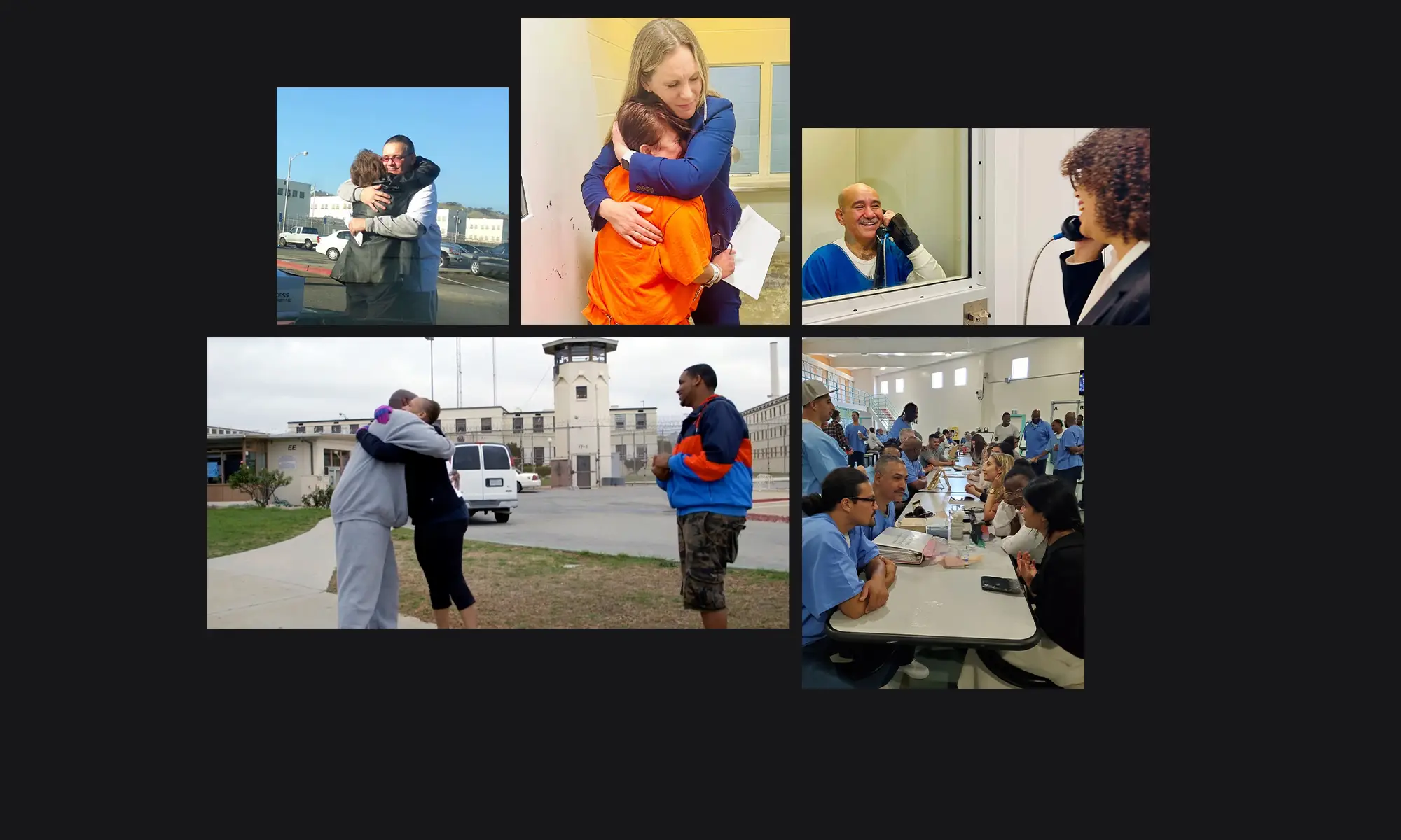 A collage of different photos of people in prison or being relased