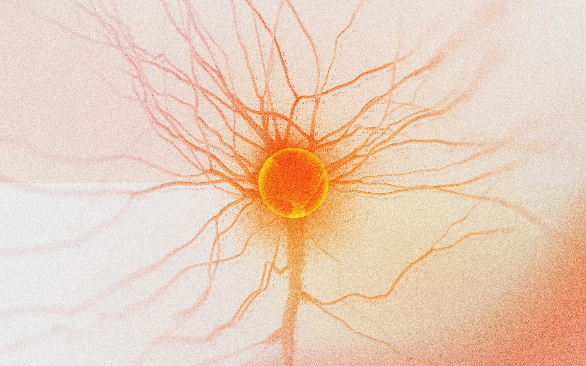 An illustration of a neuron with code overlayed on top of it.