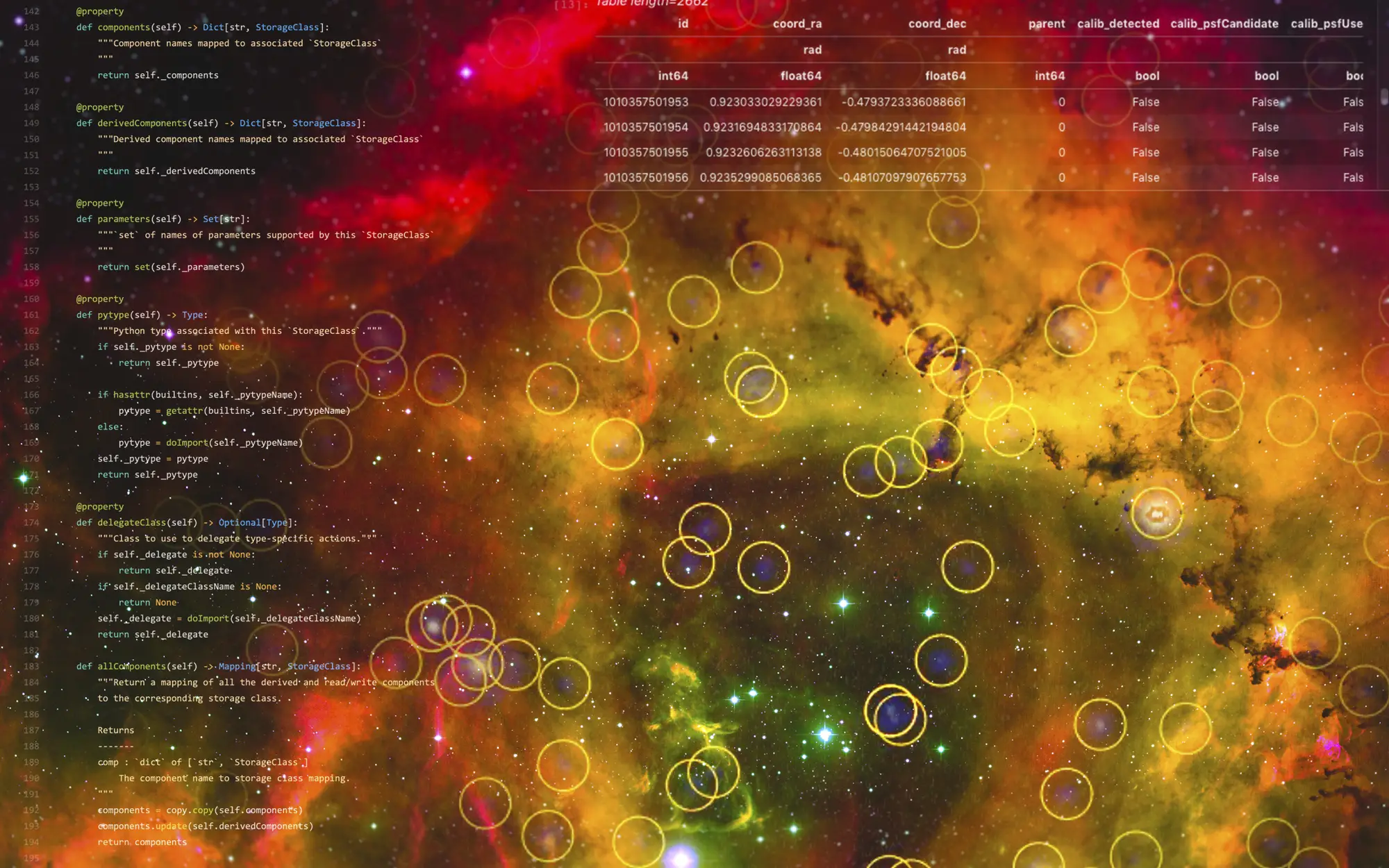 A picture of outer space with text and shapes overlayed showing data.