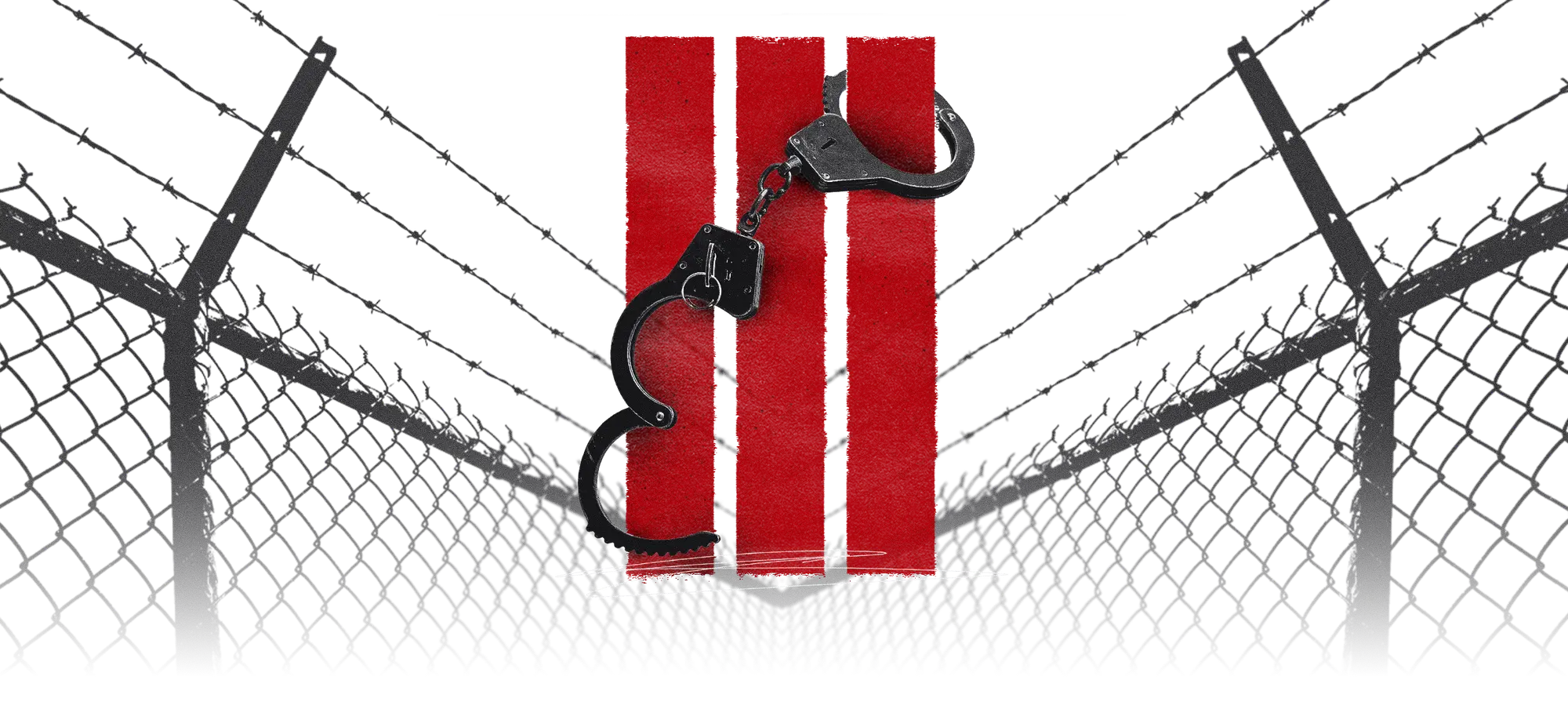 Illustration of handcuffs in front of prison fences and three vertical lines representing "three strikes"