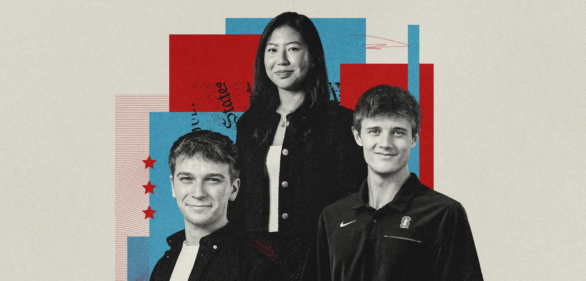 From left to right, Jadon, Mandarava, and Jack surrounded by red and blue shapes and design elements.