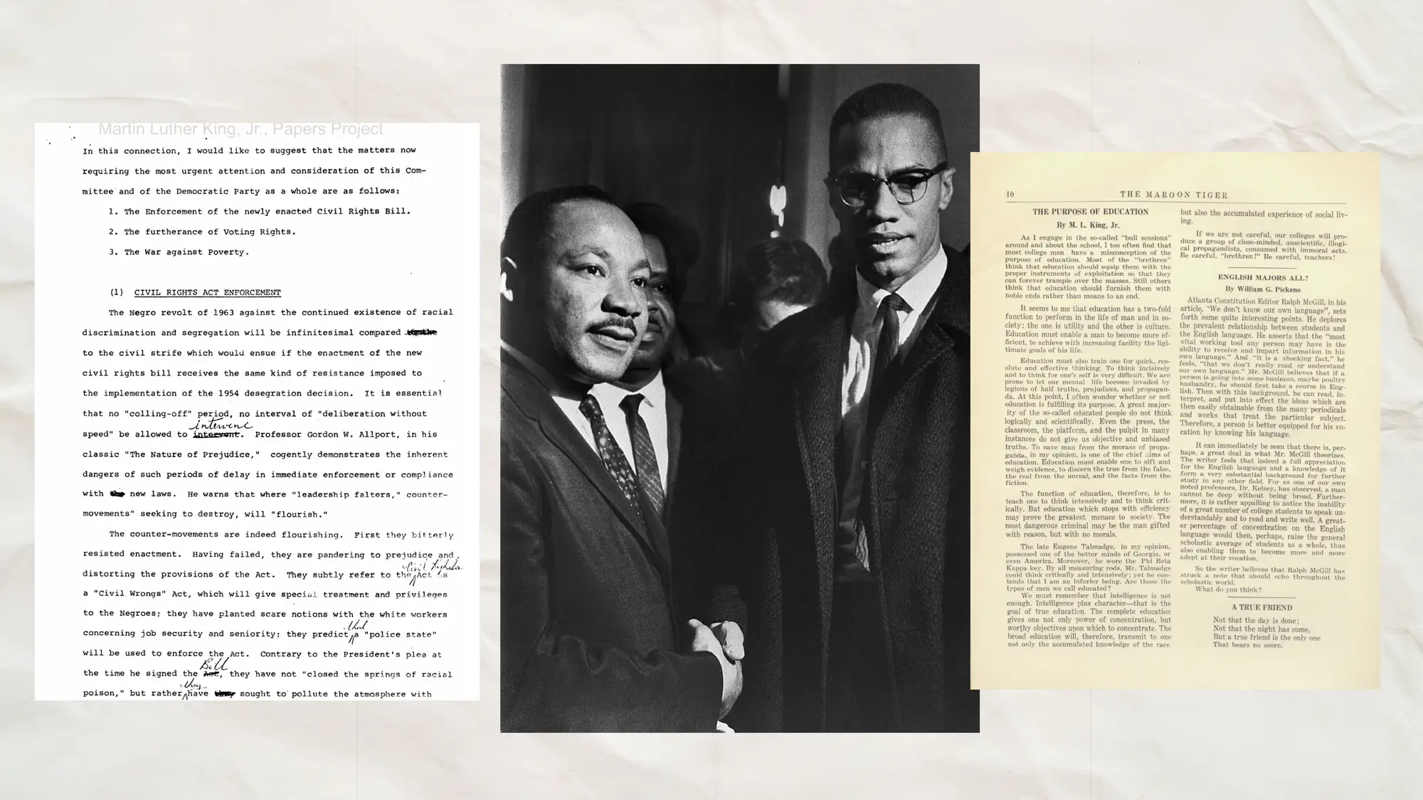 A photo of MLK and Malcom X with some of their papers.