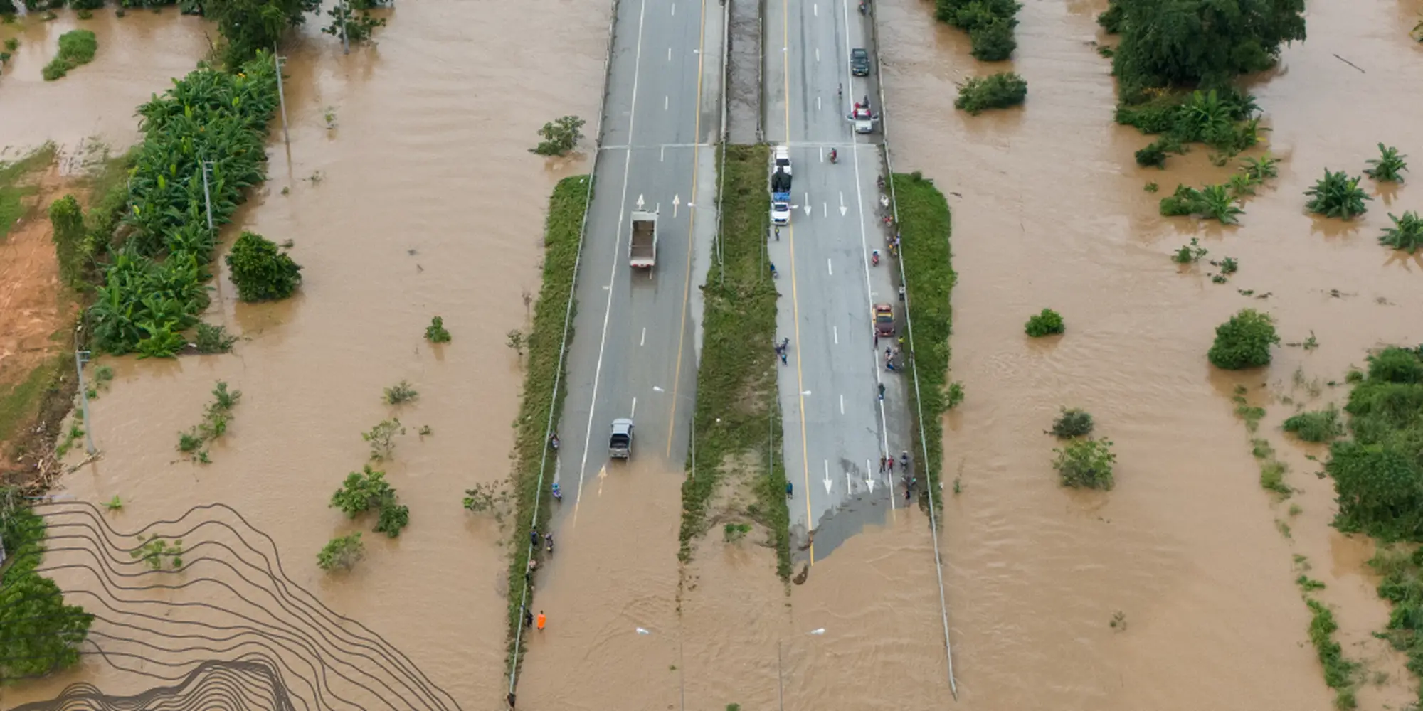 An aerial of a flooded highway