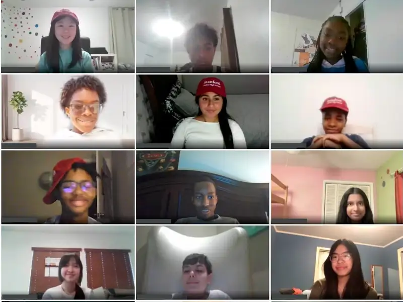 A grid of video call participants shows various students in their homes.