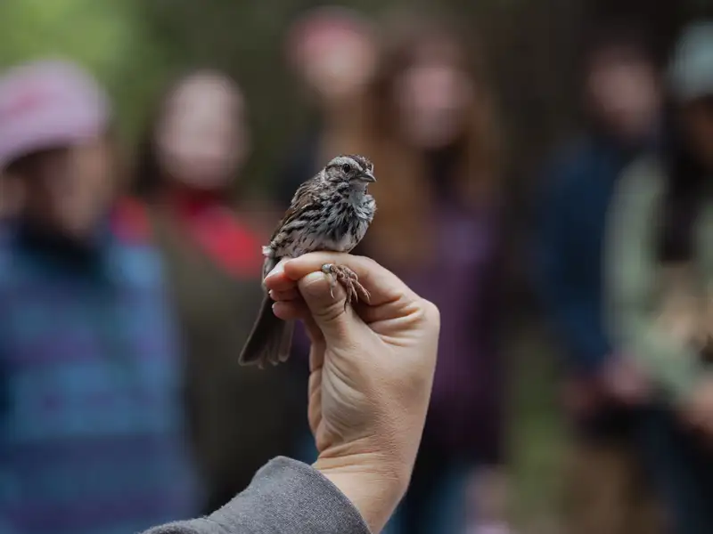 Song sparrow is perched in a person's hand.