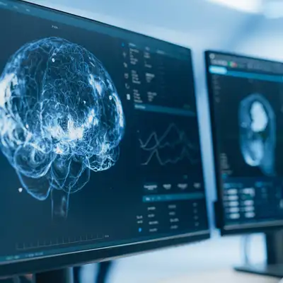 Medical brain scans on multiple computer screens.