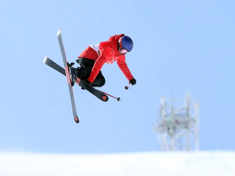 Eileen Gu seen in action during the Women's Freeski Halfpipe flower ceremony.