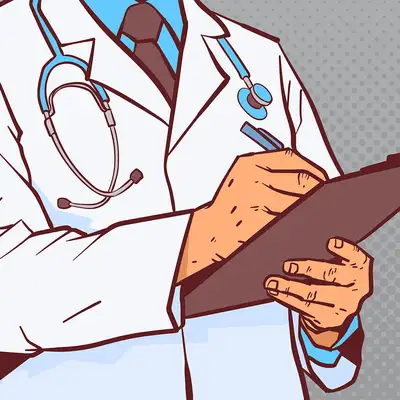 Doctor holding clipboard writes notes.