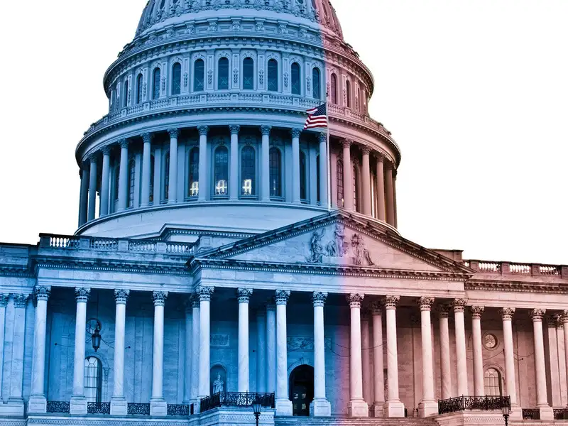 The U.S. Capitol Building stylized in red and blue coloring.