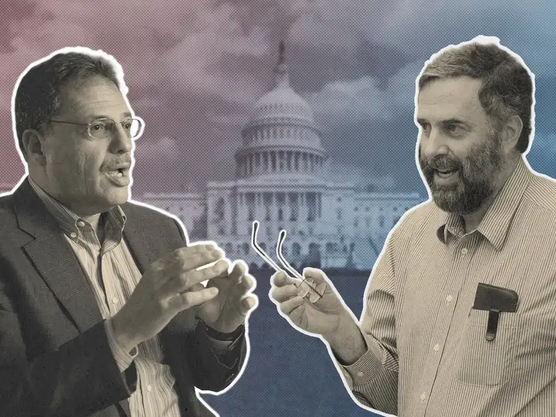 James Fishkin and Larry Diamond engage in animated conversation against a stylized red-and-blue composite of the U.S. Capitol building.