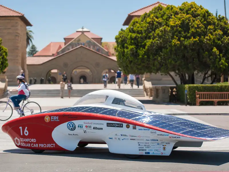 Stanford solar car in front of the quad