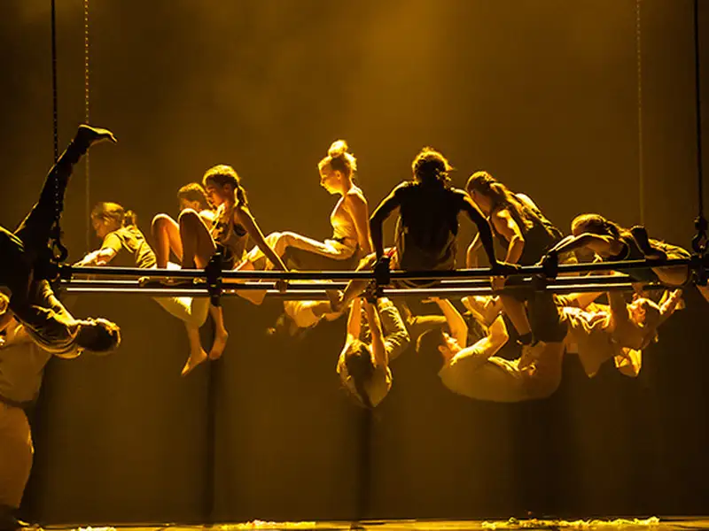Acrobats in Circa's "Leviathan" drape across and hang from a suspended horizontal bar, lit gold against a dark stage.
