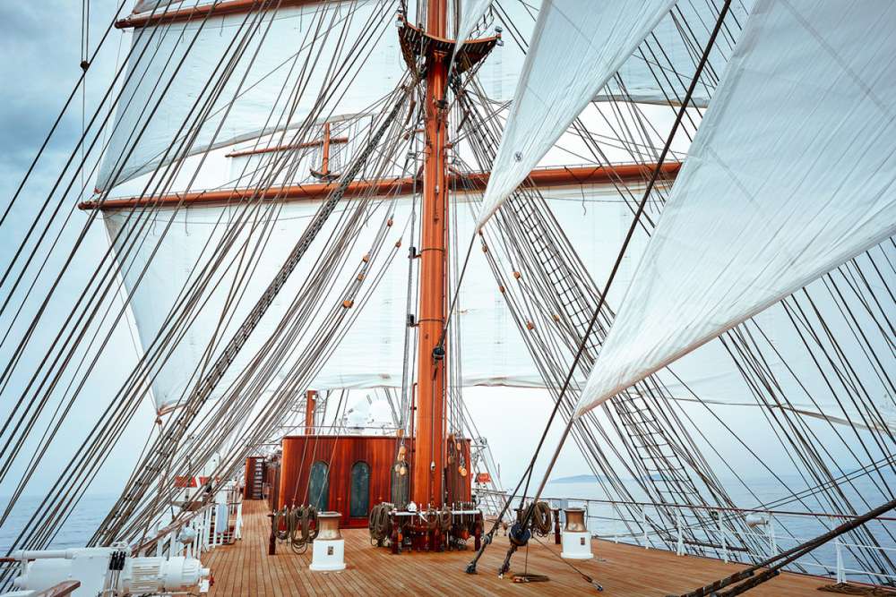 detail view of ship with sails and ropes
