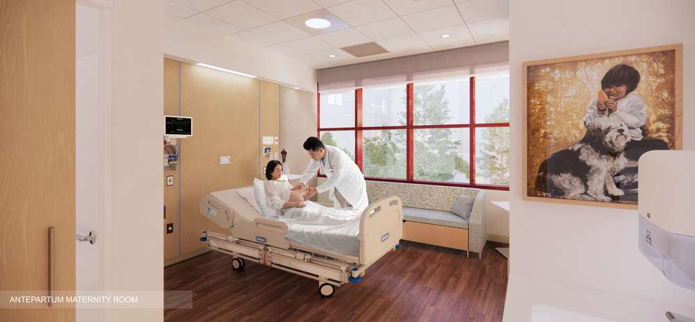 A rendering of a maternity antepartum patient room