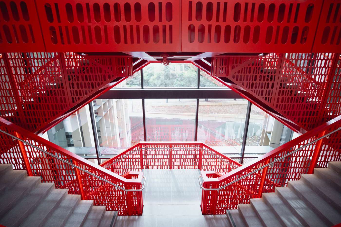 A red staircase in CoDa building