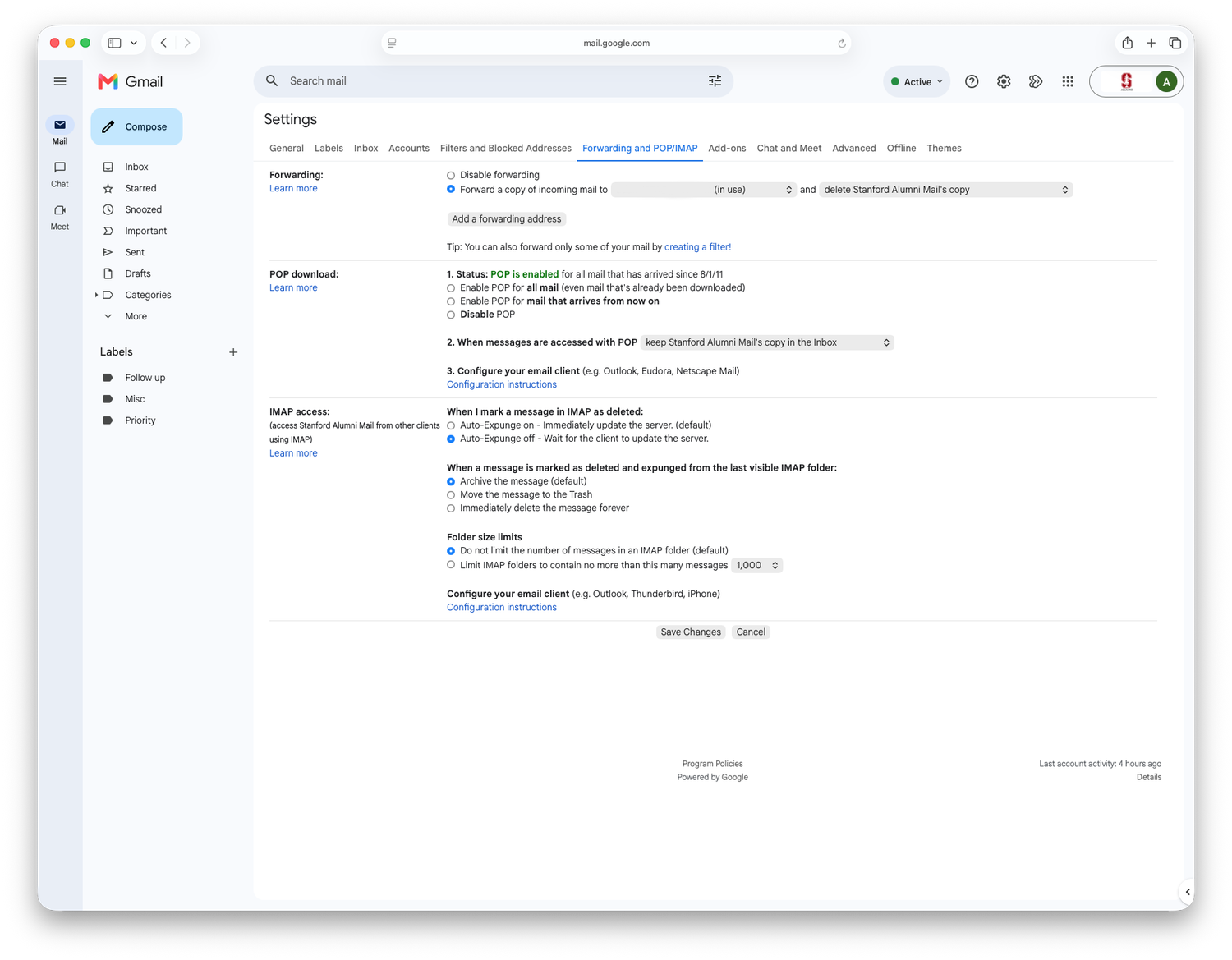 Gmail's Forwarding and POP/IMAP settings, with the forwarding option set to delete Stanford Alumni Mail's copy