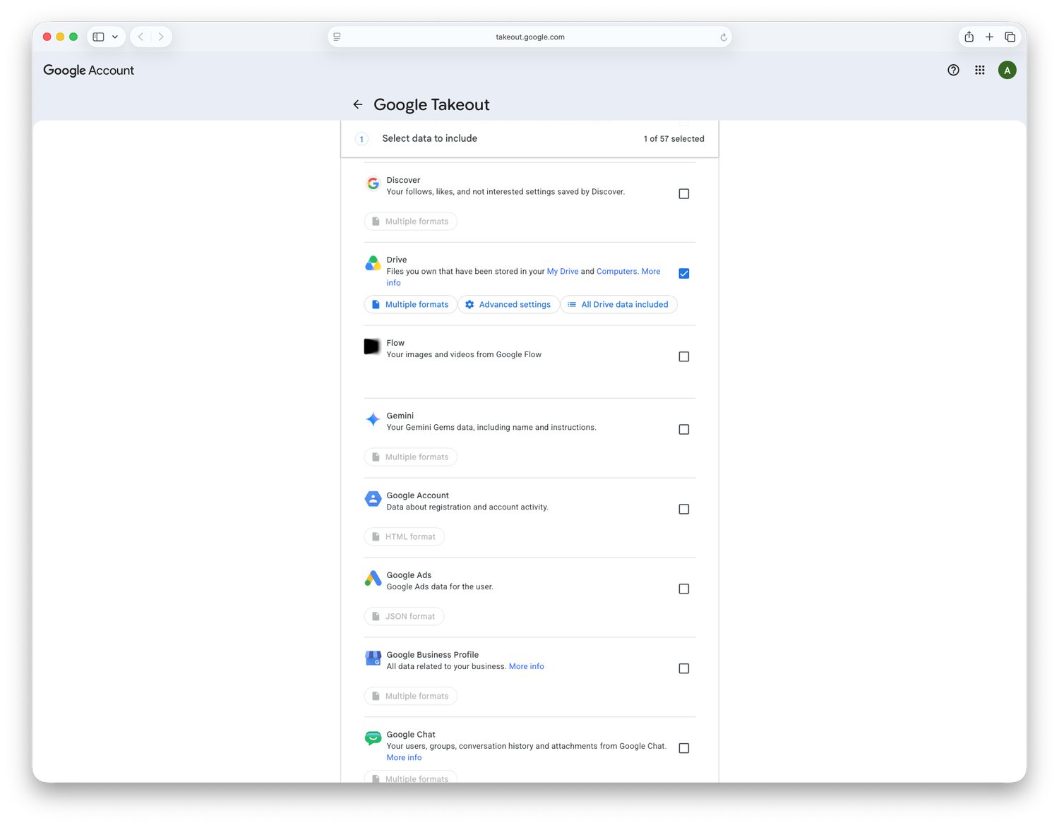 Google Takeout's "Select data to include" screen, listing Google services with a checkbox beside each one