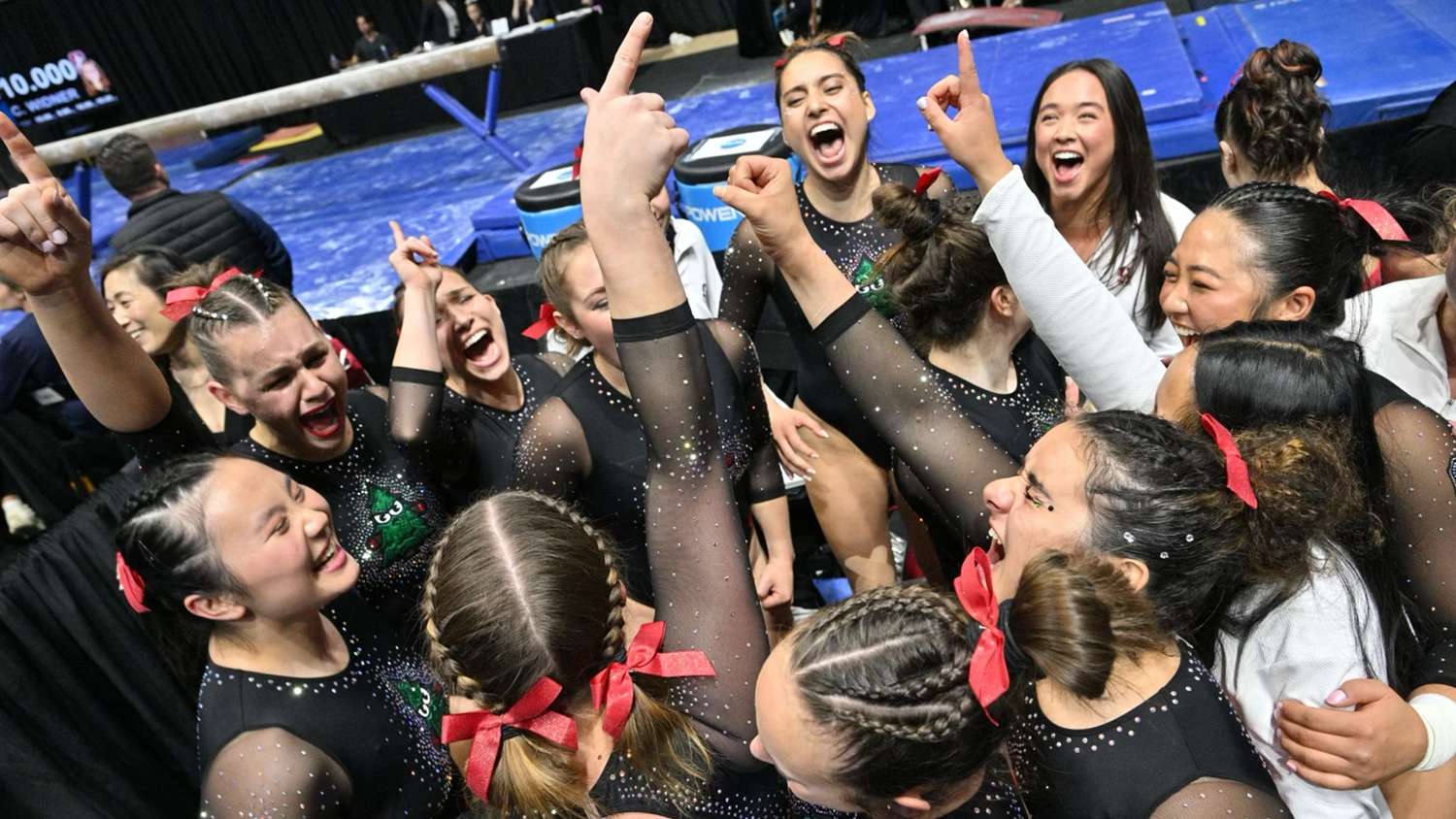 Stanford gymnasts cheer together