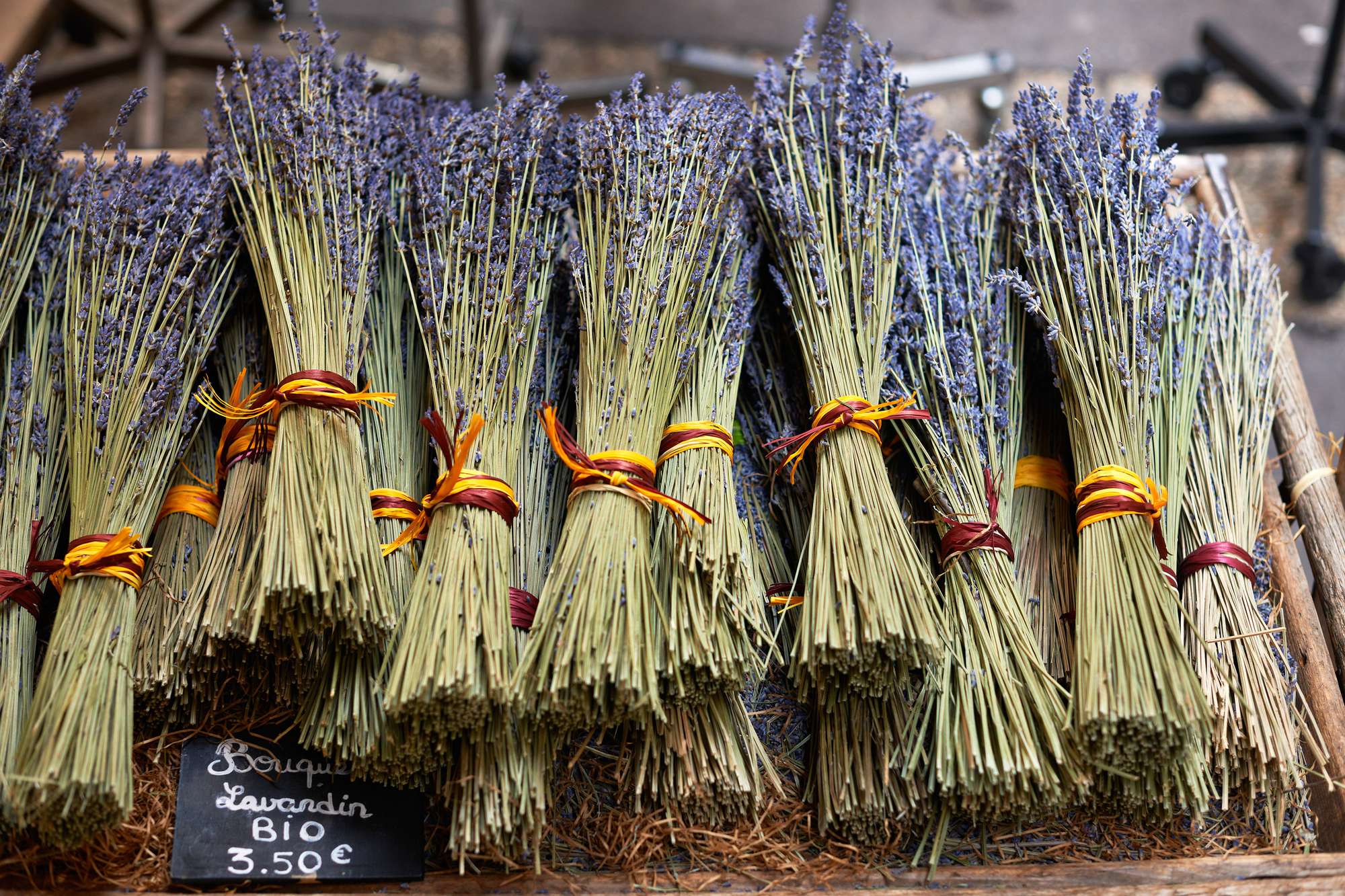 Bouquets of dry lavender or lavandin blossoms for sale on the market of Aix en Provence, France
