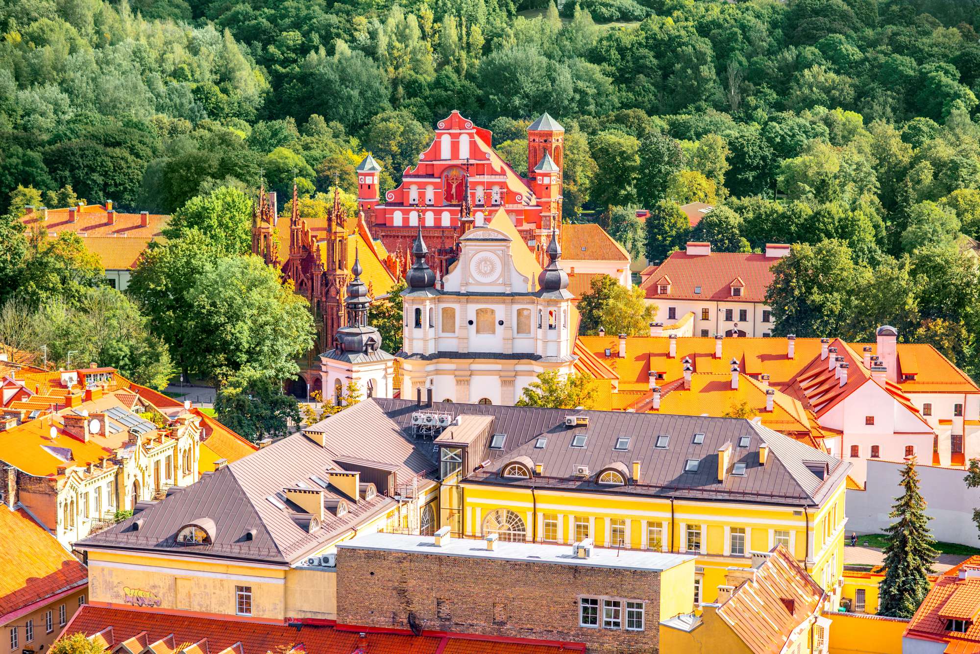 Cityscape top view on the old town with churches in Vilnius, Lithuania