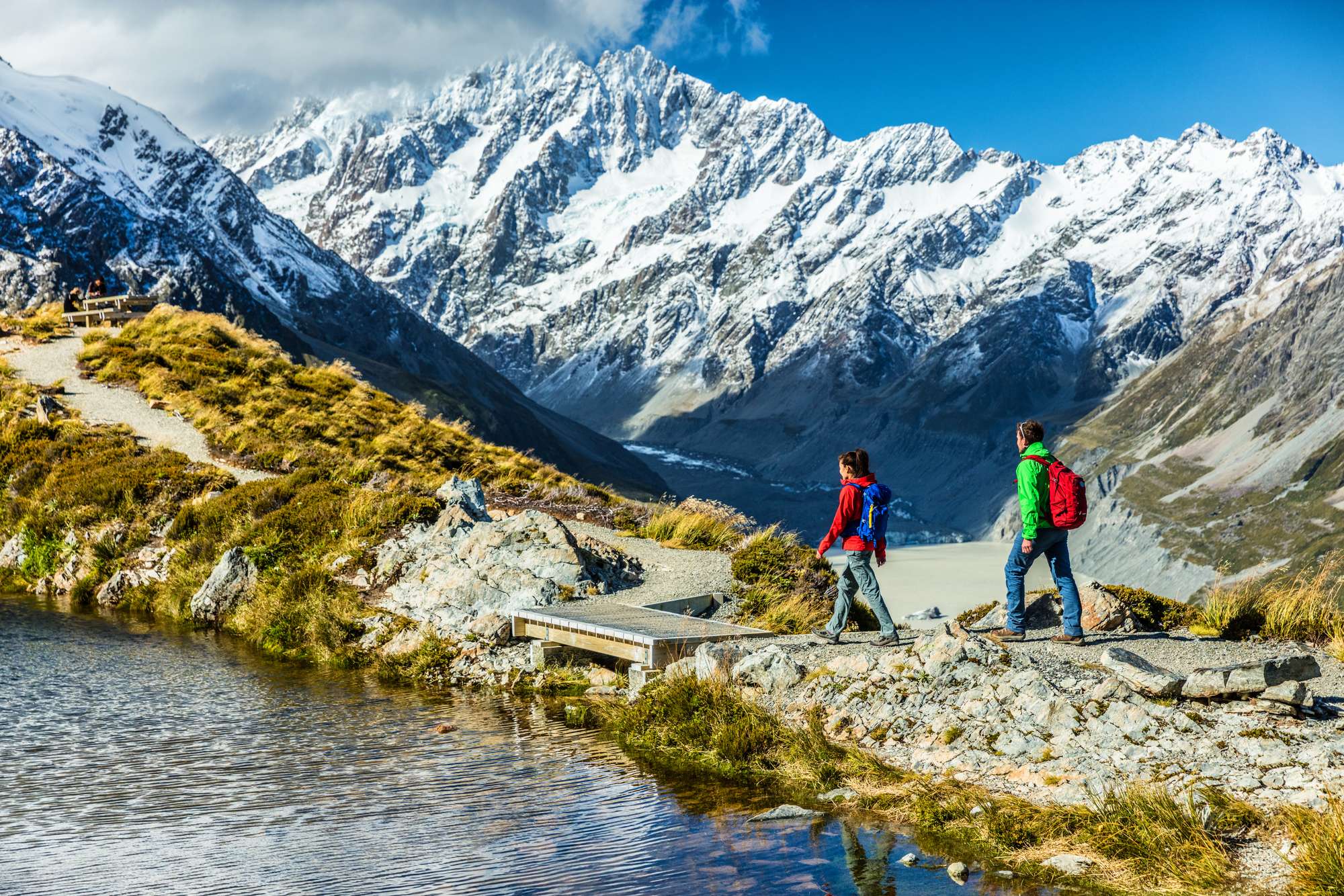Hiking travel nature hikers in New Zealand mountains. Couple people walking on Sealy Tarns hike trail route with Mount Cook landscape.
