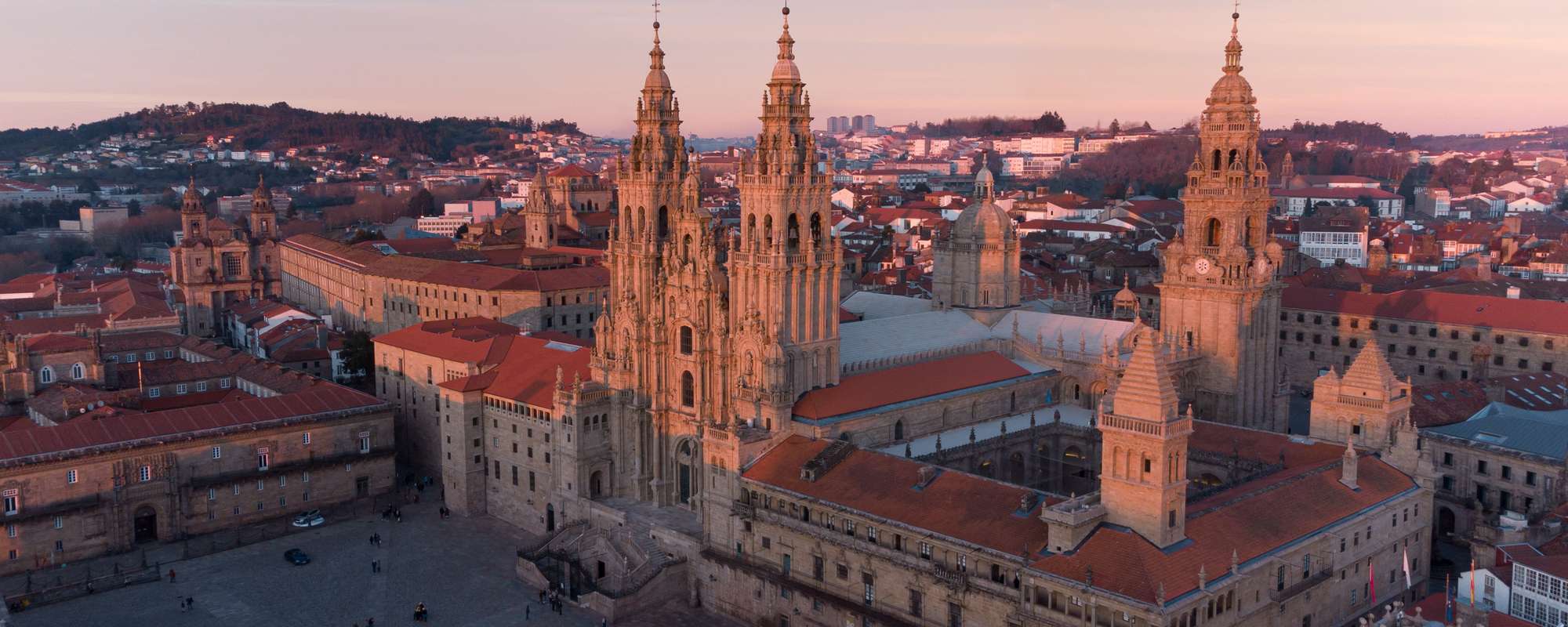Aerial view of the Obradoiro facade of the cathedral of Santiago de Compostela at sunset