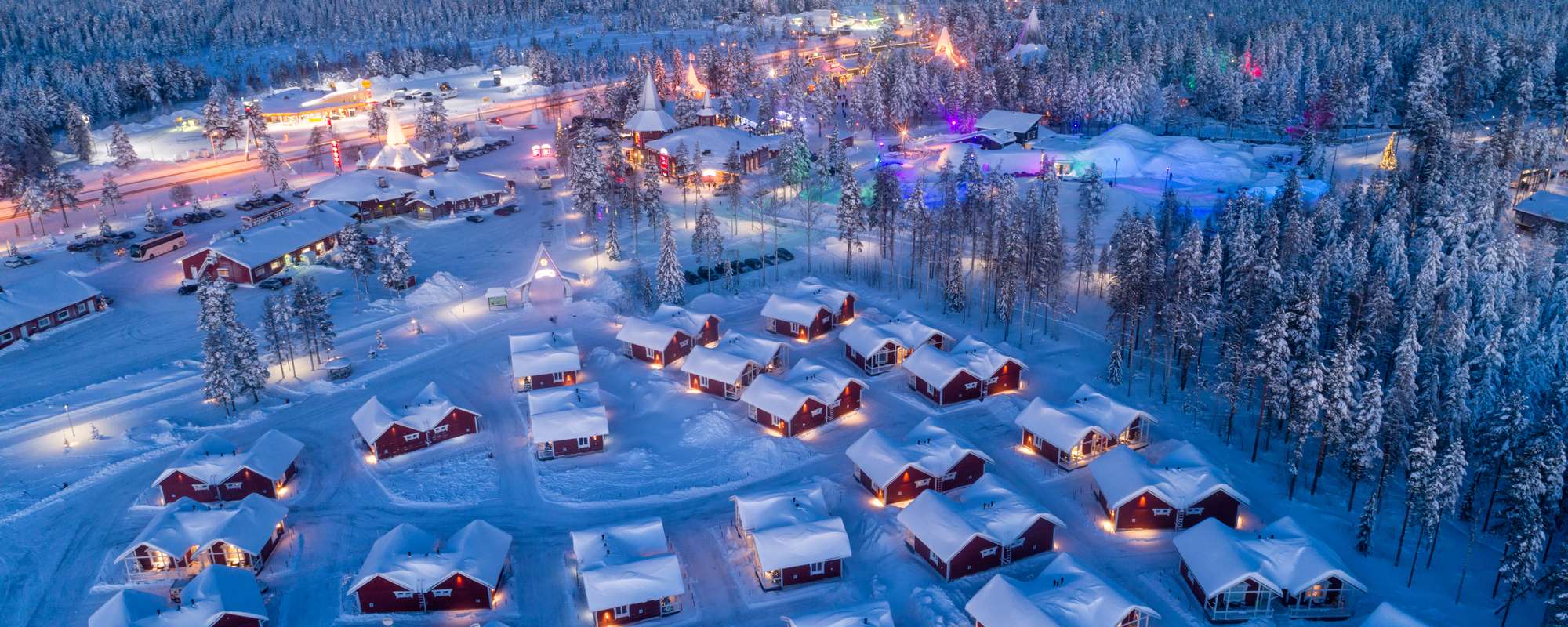 Aerial night view of Santa Claus Village in Rovaniemi in Lapland in Finland.