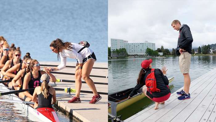 Two photos showing Stanford rowers at a dock