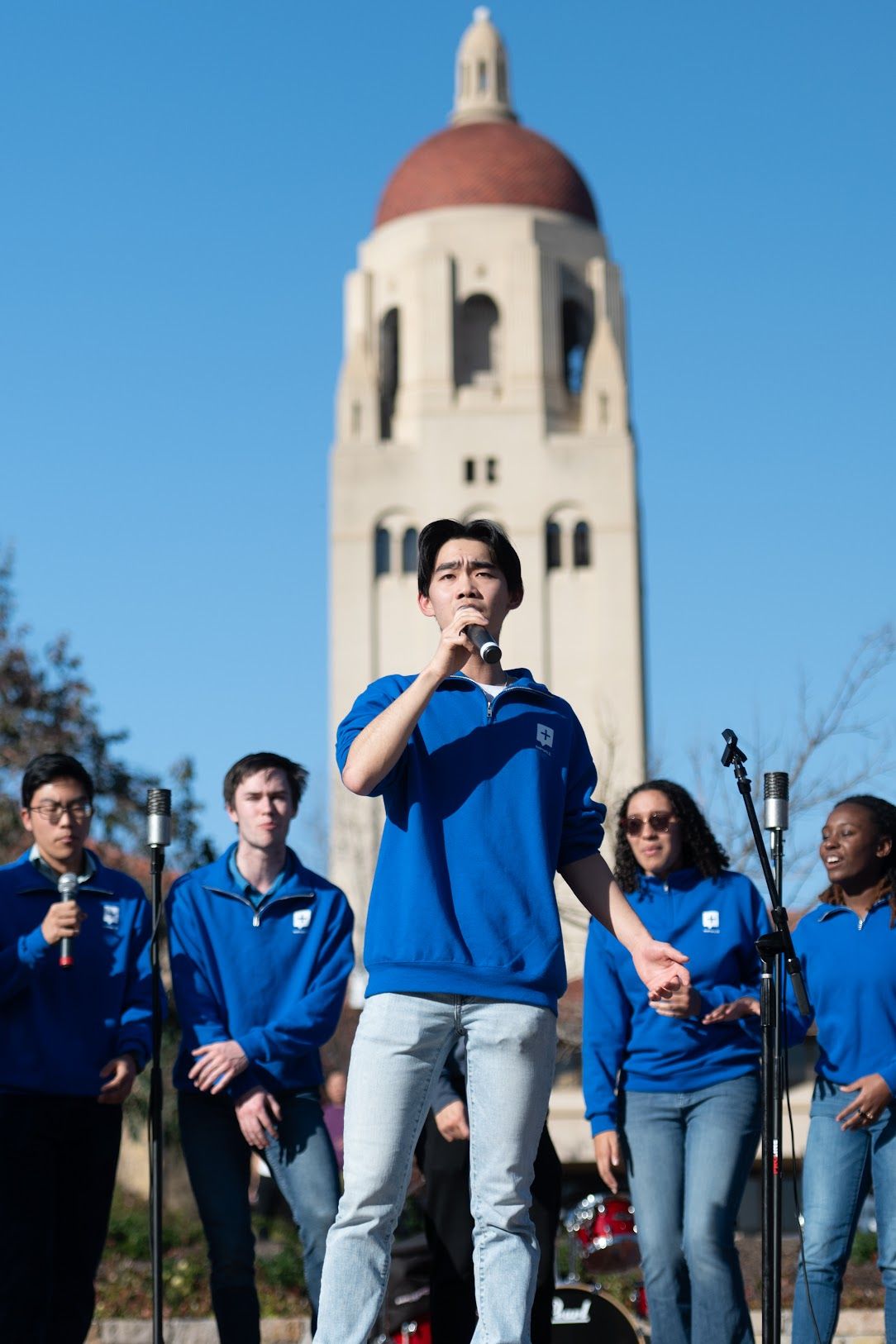 Singers in front of Hoover Tower