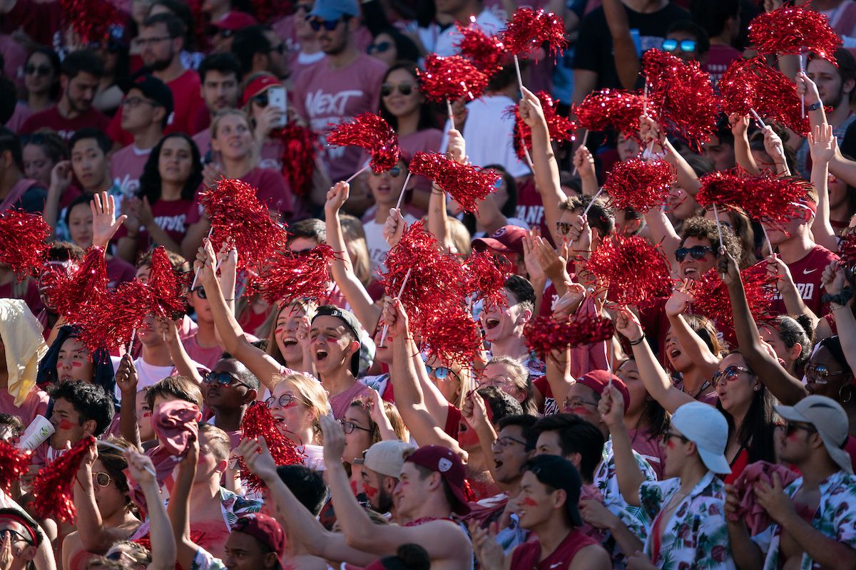 Fans cheer waving red pom poms