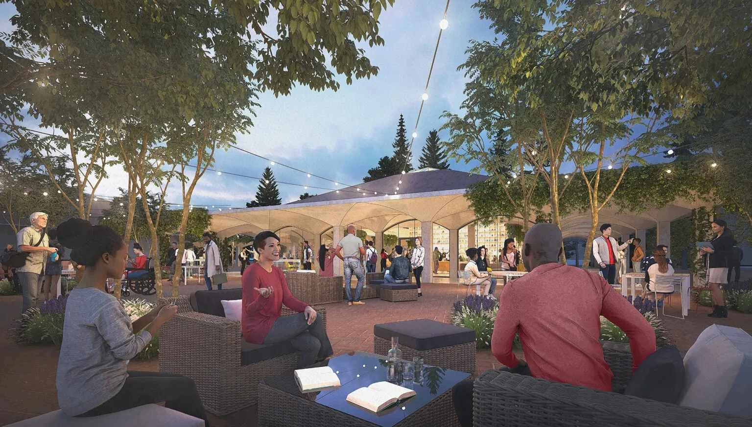 A rendering of the ideas cafe patio