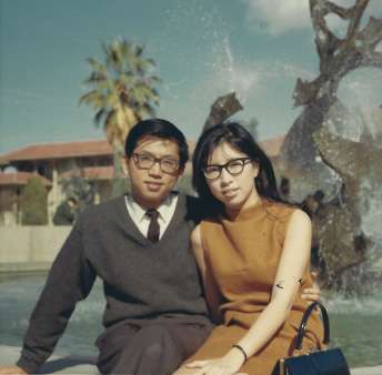 Kans in front of a fountain on campus in 1968